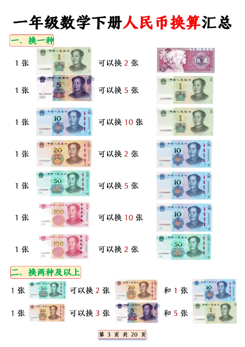 《一年级（下）数学人民币换算专项_赠送2026小学1-6年级资料合集(按需自取)_一年级_一年级（下）数学人民币换算专项》第3页预览