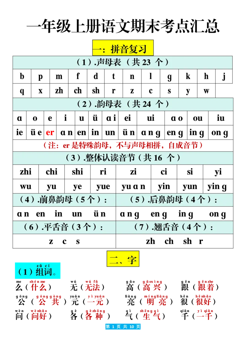 《一年级（上）语文期末考点汇总（10页）_赠送2026小学1-6年级资料合集(按需自取)_一年级_一年级（上）语文期末考点汇总（10页）》第1页预览