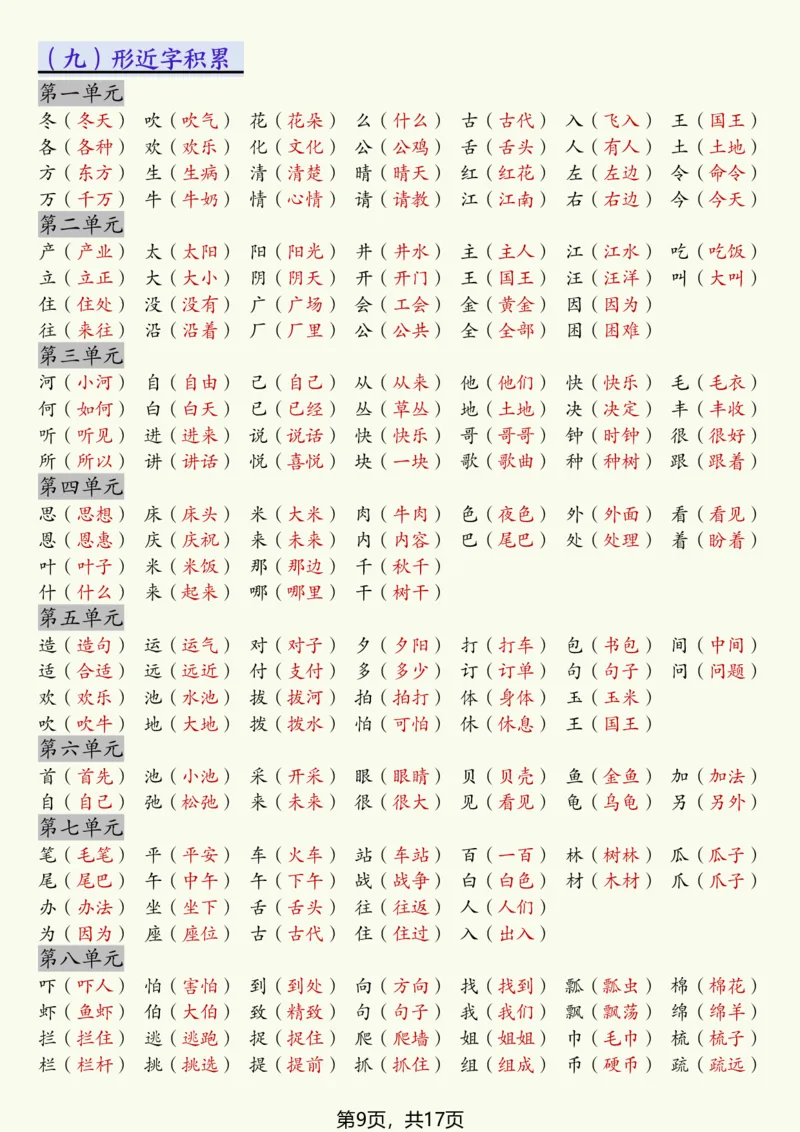 《一年级（下）语文寒假预习全册必备知识汇总_赠送2026小学1-6年级资料合集(按需自取)_一年级》第9页预览