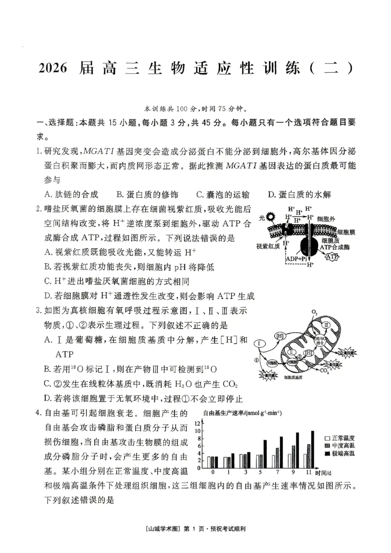 《重庆育才中学2026届高三适应性训练（二）生物_2024-2027高三（6-6月题库）_2026年05月高三试卷_260518重庆育才中学2026届高三适应性训练（二）（全科）》第1页预览