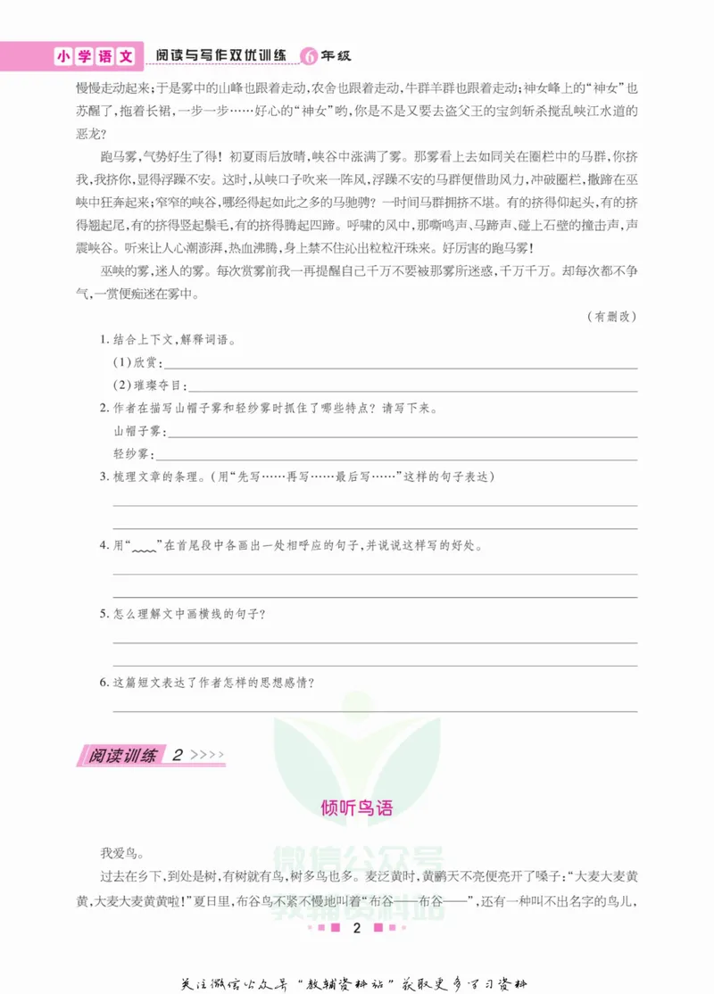 《阅读与写作双优训练六年级_小学1-6年级全科全套_2024更新专题_小学作文专题资料_2~6年级阅读与写作双优训练》第9页预览