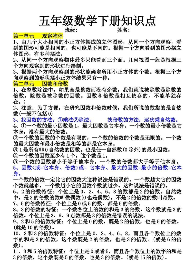 《五年级数学下册知识点_小学1-6年级全科全套_1-6年级全科下册_五年级_五年级下数学》第1页预览