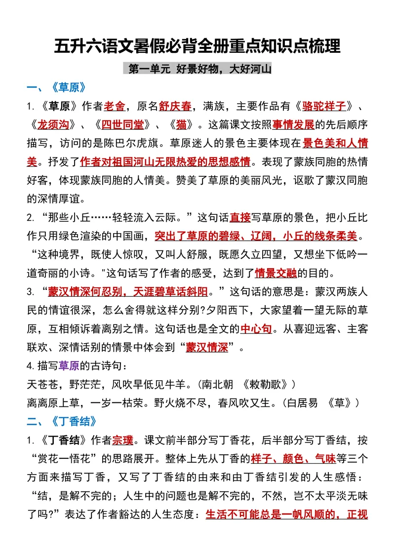 《五升六语文暑假必背全册重点知识点梳理_小学1-6年级全科全套_1-6年级全科上册_六年级_五升六暑假》第1页预览