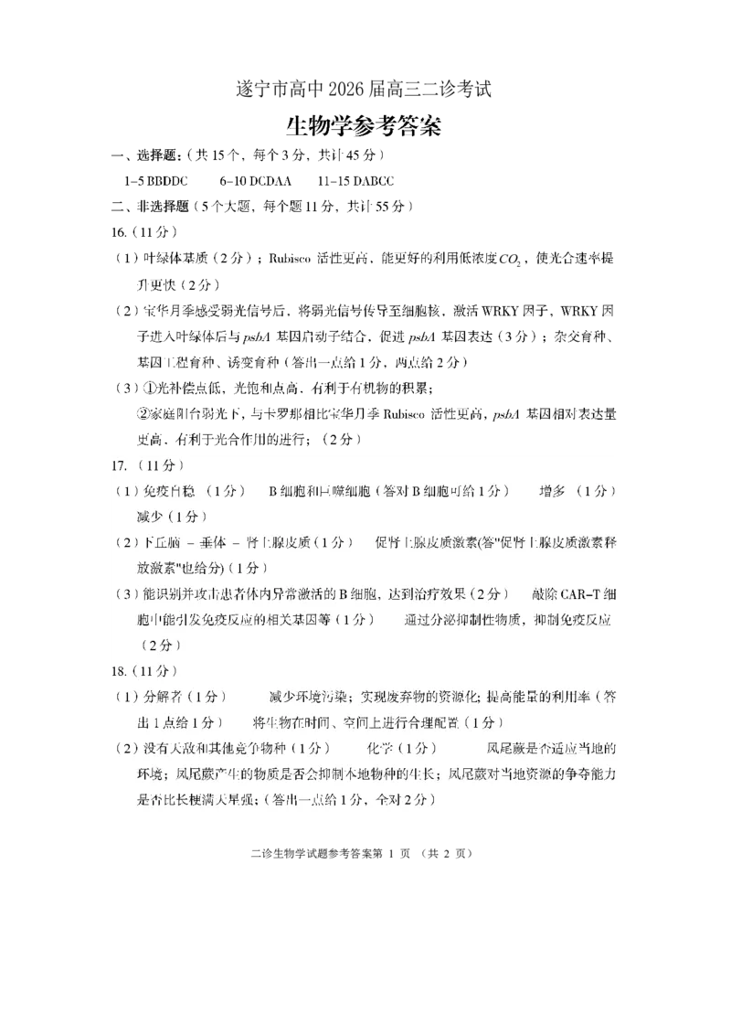 《遂宁市高中2026届高三二诊考试生物答案_2024-2027高三（6-6月题库）_2026年05月高三试卷_260503四川省遂宁市高中2026届高三二诊考试（遂宁二诊）（全科）》第1页预览