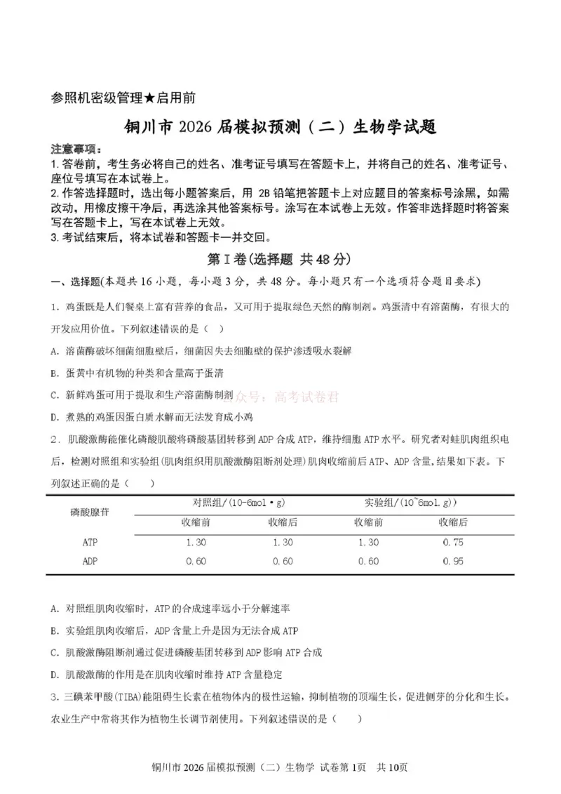《铜川市2026届模拟预测（二）生物+答案_12.2026年4月全国各地高考模拟卷_2026届陕西省铜川市模拟预测（二）_05生物2026届陕西省铜川市模拟预测（二）》第1页预览