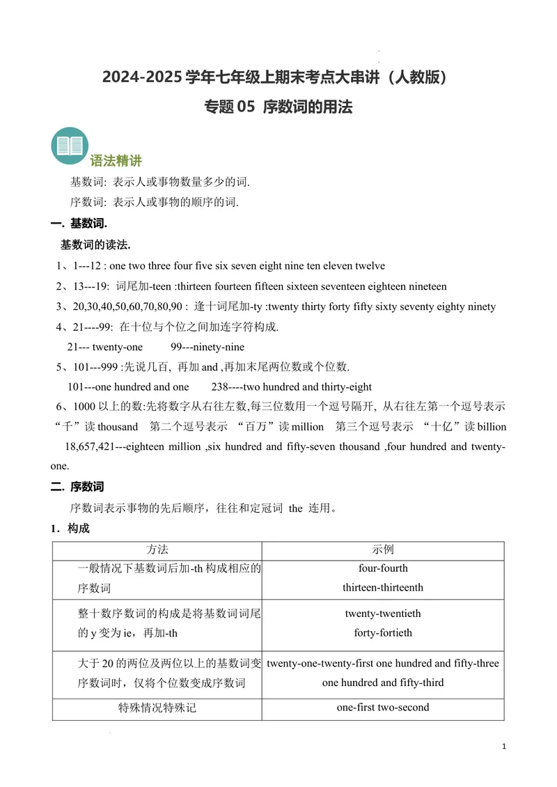《专题05序数词精讲精练（解析版）_初中英语789_最新人教版英语七年级下册_七下英语2025版_2024-2025学年七年级英语上学期期末考点大串讲（人教版2024）》第1页预览