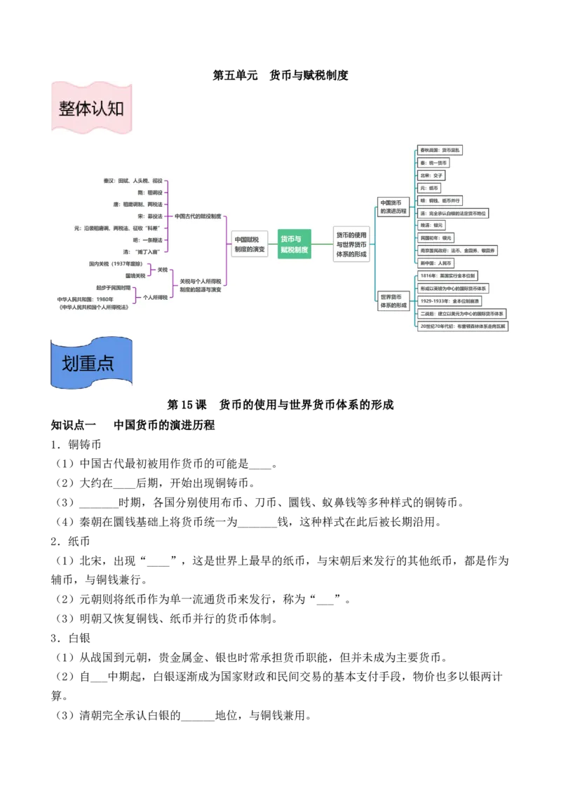 《选必1第五单元货币与赋税制度（后附答案）-（统编版•）（含答案）_新版高中_高中历史新版_高中历史选择性必修1（统编版）_基础知识汇总-F32》第1页预览
