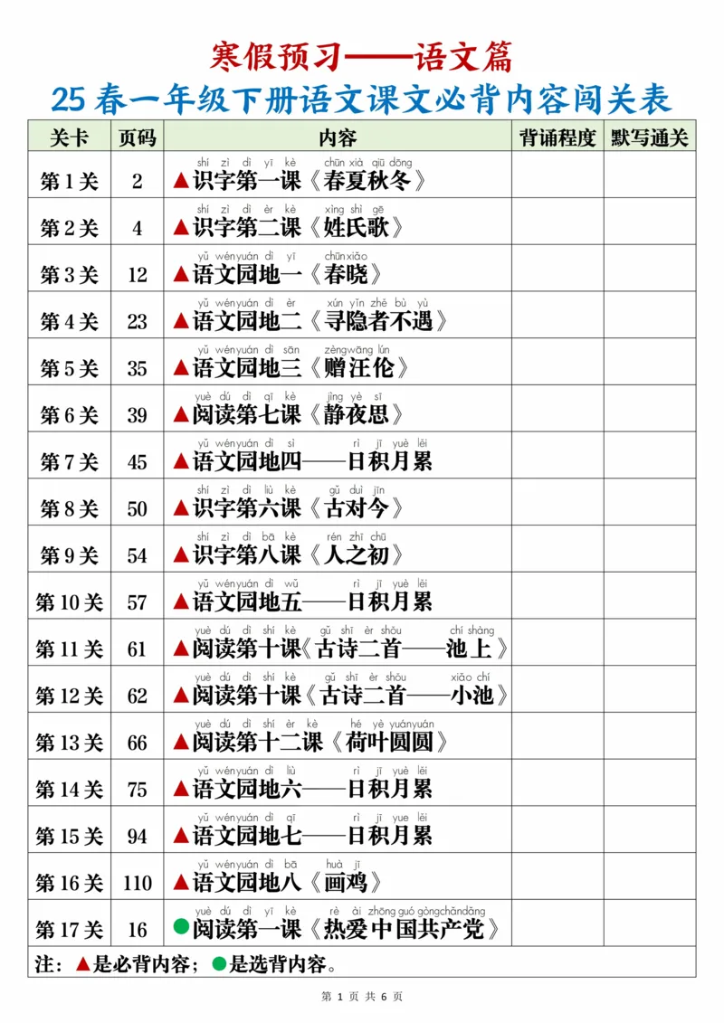 《一年级（下）语文课文必背内容闯关表_赠送2026小学1-6年级资料合集(按需自取)_一年级_一年级（下）语文课文必背内容闯关表》第1页预览