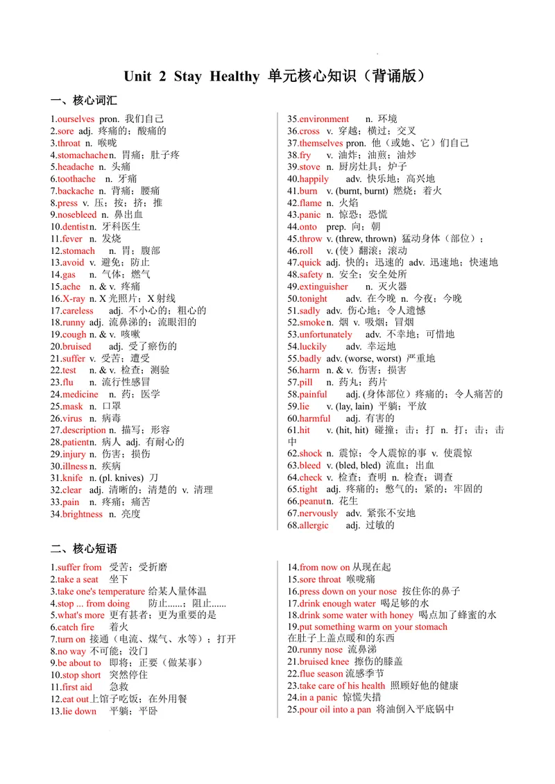 《Unit2Stayhealthy单元核心知识（背诵默写任务单）（背诵版）_初中英语789_最新人教版英语八年级下册_2026春新人教版八下（更新中）_000课件PPT_01课件+教案（更新中）_3课件+教案+分层作业》第1页预览
