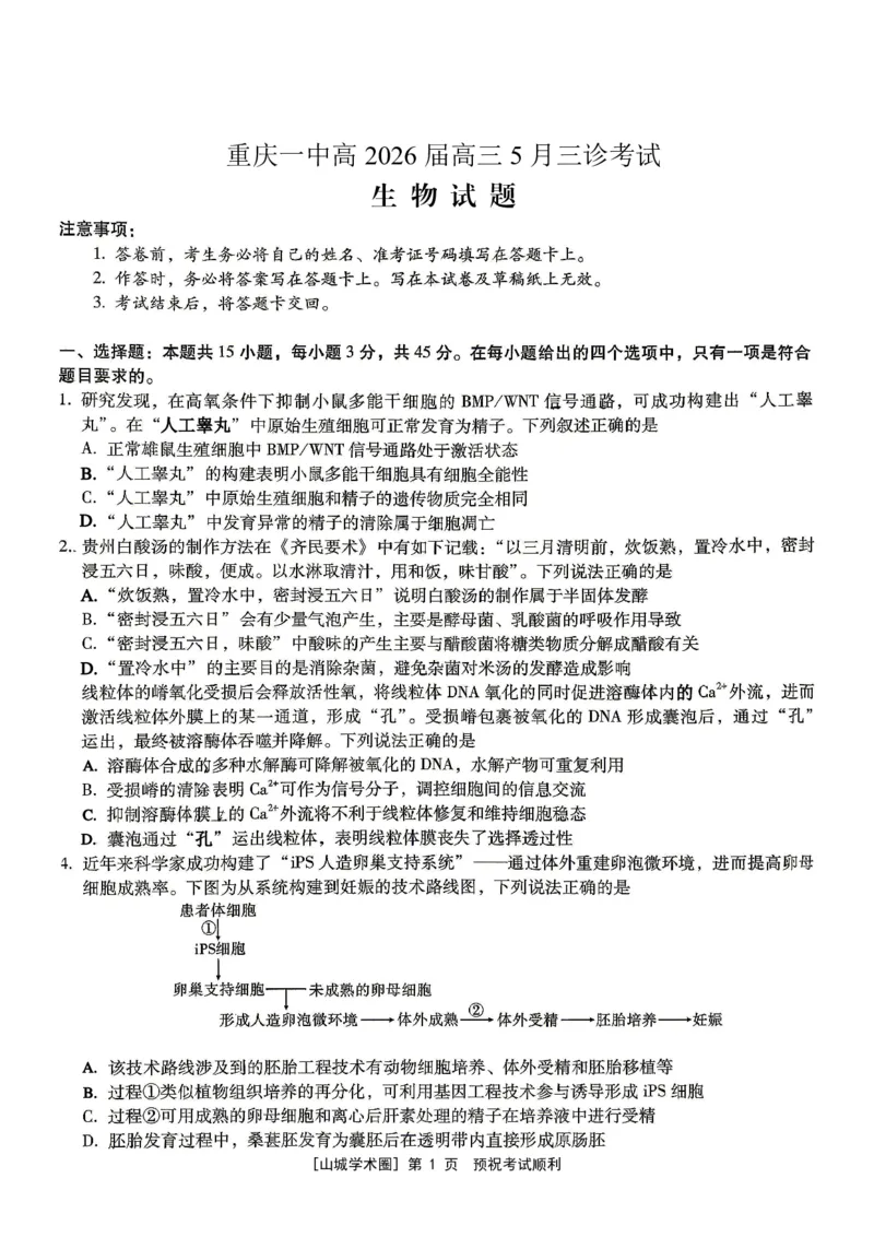 《重庆一中高2026届高三5月三诊考试生物_2024-2027高三(6-6月题库)_2026年05月高三试卷_260513重庆一中高2026届高三5月三诊考试(全科)》第1页预览