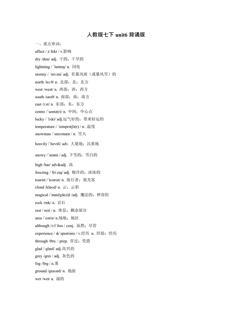 《七下unit6重点单词、词性转换、短语、句型背默1733046988-2024新教材-_初中英语789_最新人教版英语七年级下册_七下英语2025版_05.2025春英语人教7下单词表+默写_Word版》第1页预览
