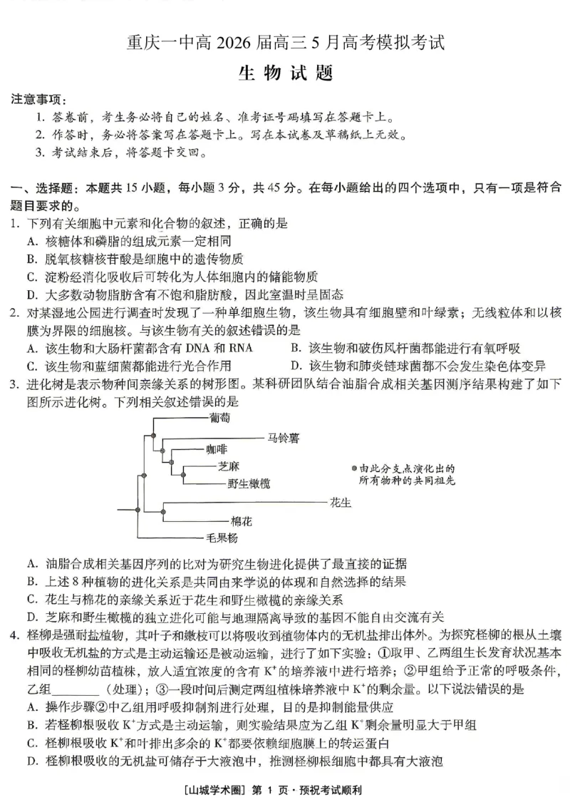 《重庆一中高2026届高三5月高考模拟考试生物_2024-2027高三（6-6月题库）_2026年06月高三试卷_260601重庆一中高2026届高三5月高考模拟考试（全科）》第1页预览