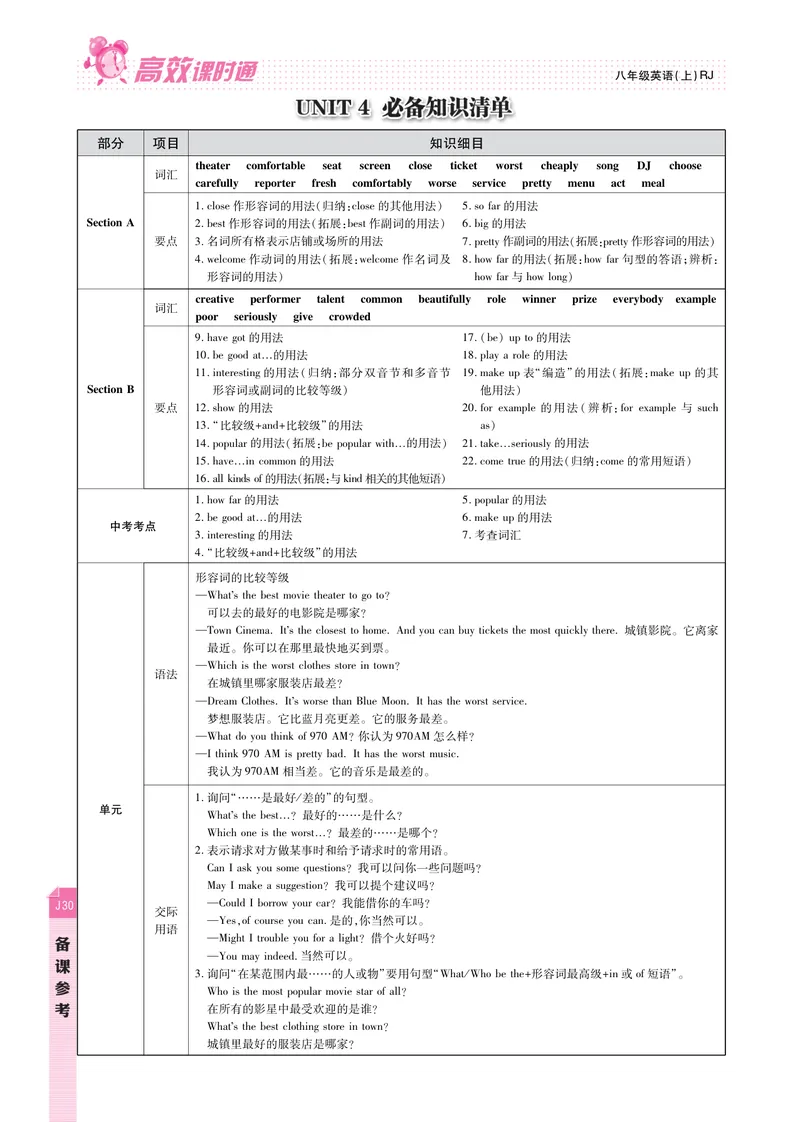 《高效课时通人教版英语八年级上册Unit4What'sthebestmovietheatre备课参考（PDF版）_初中英语789_最新人教版英语八年级上册_老版（含有参考价值）_备课素材》第1页预览