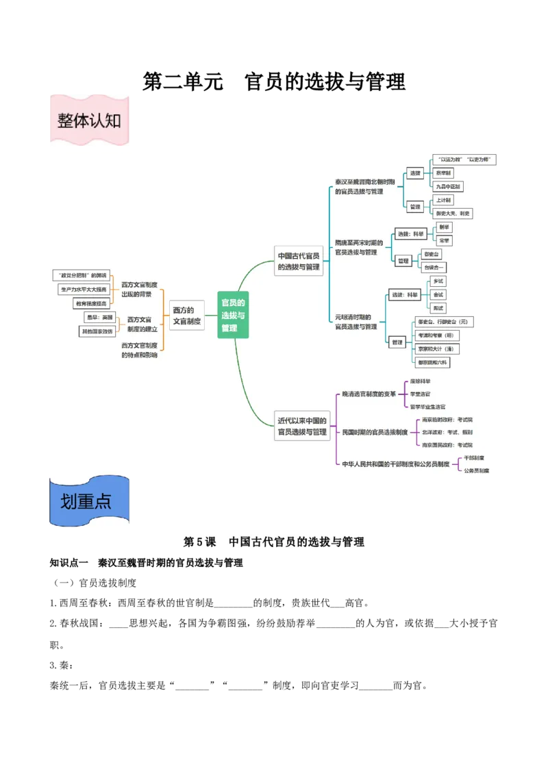 《选必1第二单元官员的选拔与管理（后附答案）-（统编版•）（含答案）_新版高中_高中历史新版_高中历史选择性必修1（统编版）_基础知识汇总-F32》第1页预览