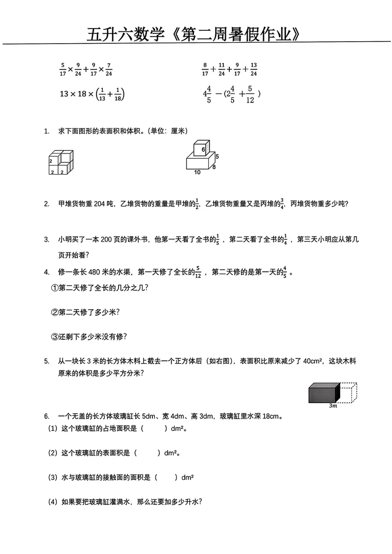 《五升六数学暑假作业_小学1-6年级全科全套_1-6年级全科上册_六年级_五升六暑假》第2页预览