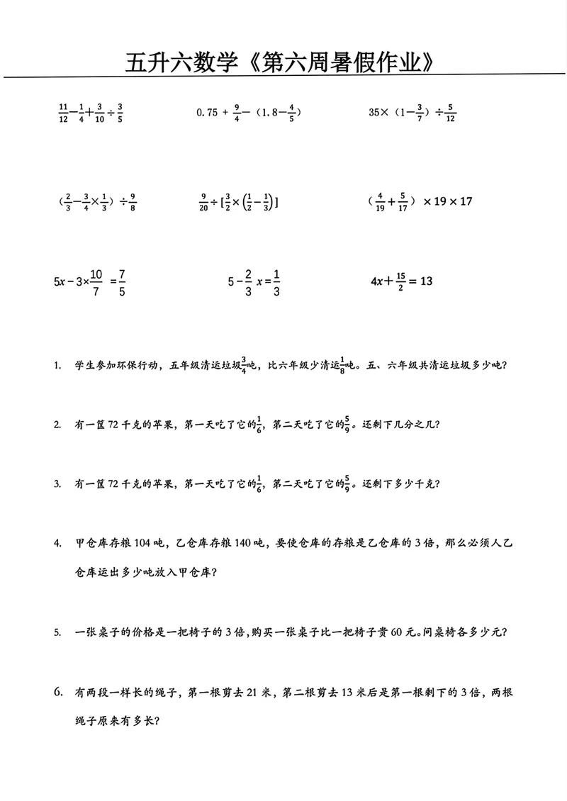 《五升六数学暑假作业_小学1-6年级全科全套_1-6年级全科上册_六年级_五升六暑假》第6页预览
