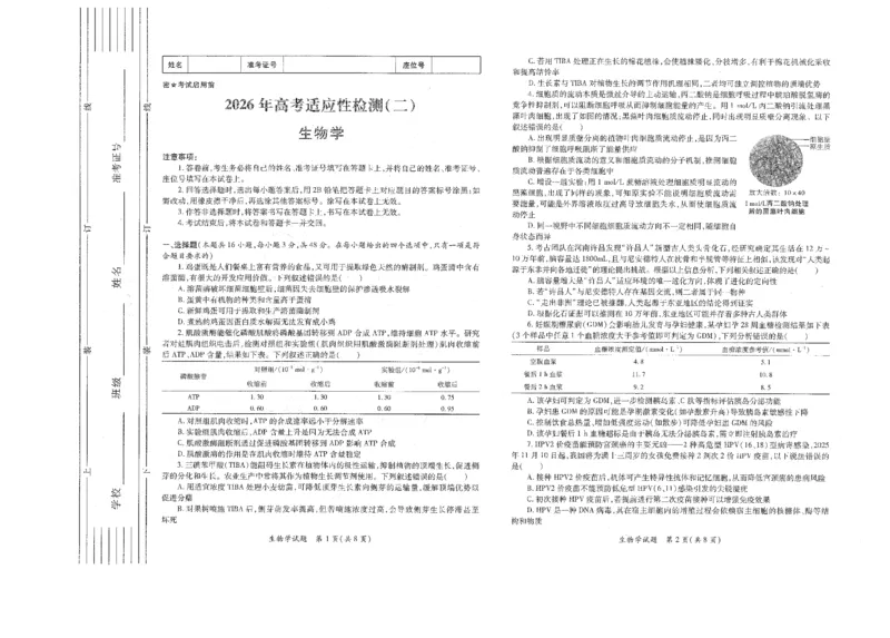 《陕西省2026年高考适应性检测（二）生物_2024-2027高三（6-6月题库）_2026年05月高三试卷_260524陕西省2026年高考适应性检测（二）（全科）》第1页预览