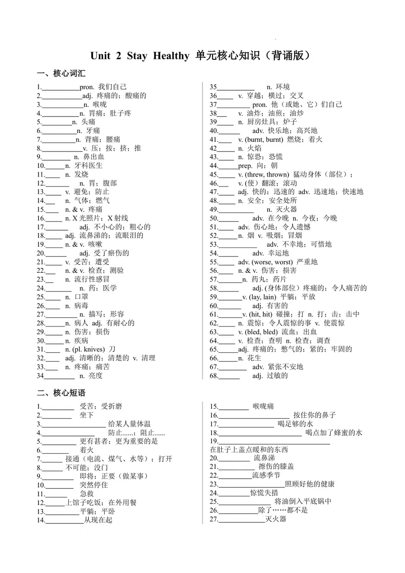《Unit2Stayhealthy单元核心知识（背诵默写任务单）（默写版）_初中英语789_最新人教版英语八年级下册_2026春新人教版八下（更新中）_000课件PPT_01课件+教案（更新中）_3课件+教案+分层作业》第1页预览