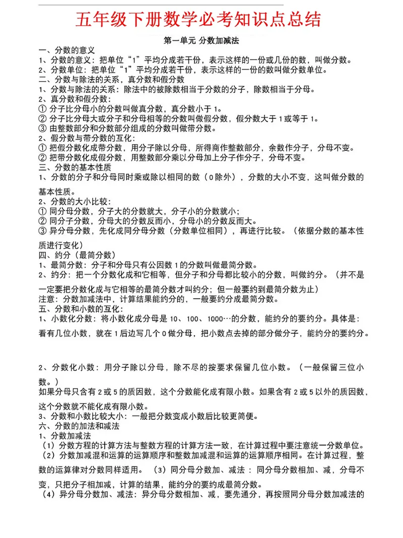 《五年级下册数学必考知识点总结_小学1-6年级全科全套_1-6年级全科下册_五年级_五年级下数学》第1页预览