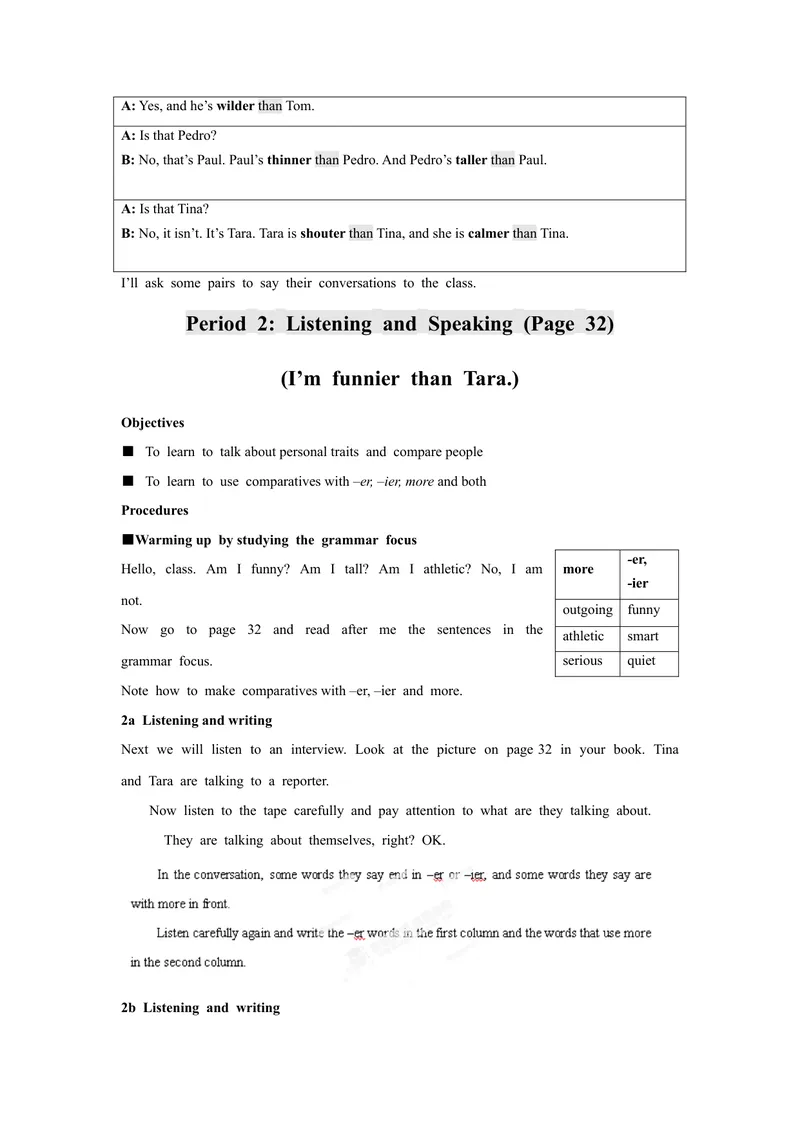 《人教版八年级英语上册《Unit6I'mmoreoutgoingthanmysister》Teachingplan_初中英语789_最新人教版英语八年级上册_老版（含有参考价值）_精品教案（多选择）》第3页预览