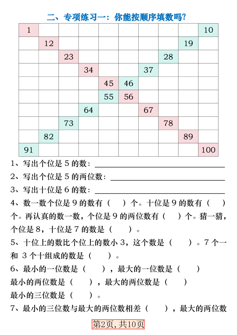 《一年级（下）数学百数表易错专项练习_赠送2026小学1-6年级资料合集(按需自取)_一年级_一年级（下）数学百数表易错专项练习》第2页预览