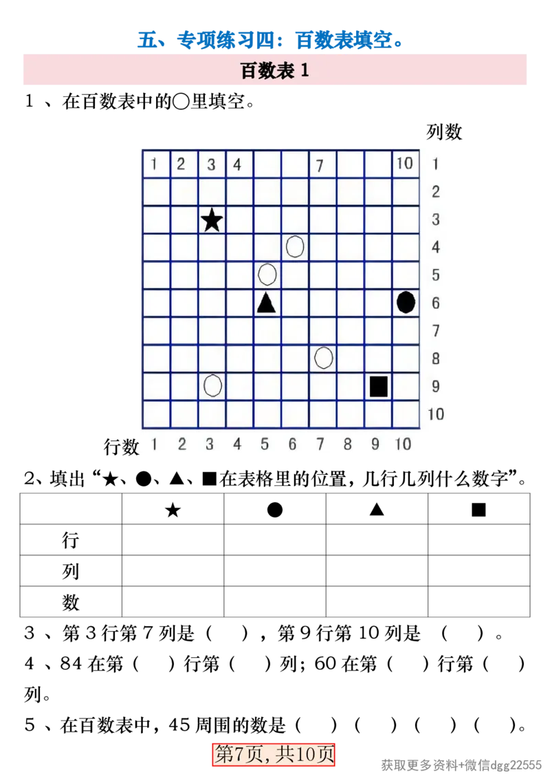 《一年级（下）数学百数表易错专项练习_赠送2026小学1-6年级资料合集(按需自取)_一年级_一年级（下）数学百数表易错专项练习》第7页预览