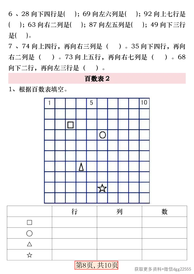 《一年级（下）数学百数表易错专项练习_赠送2026小学1-6年级资料合集(按需自取)_一年级_一年级（下）数学百数表易错专项练习》第8页预览