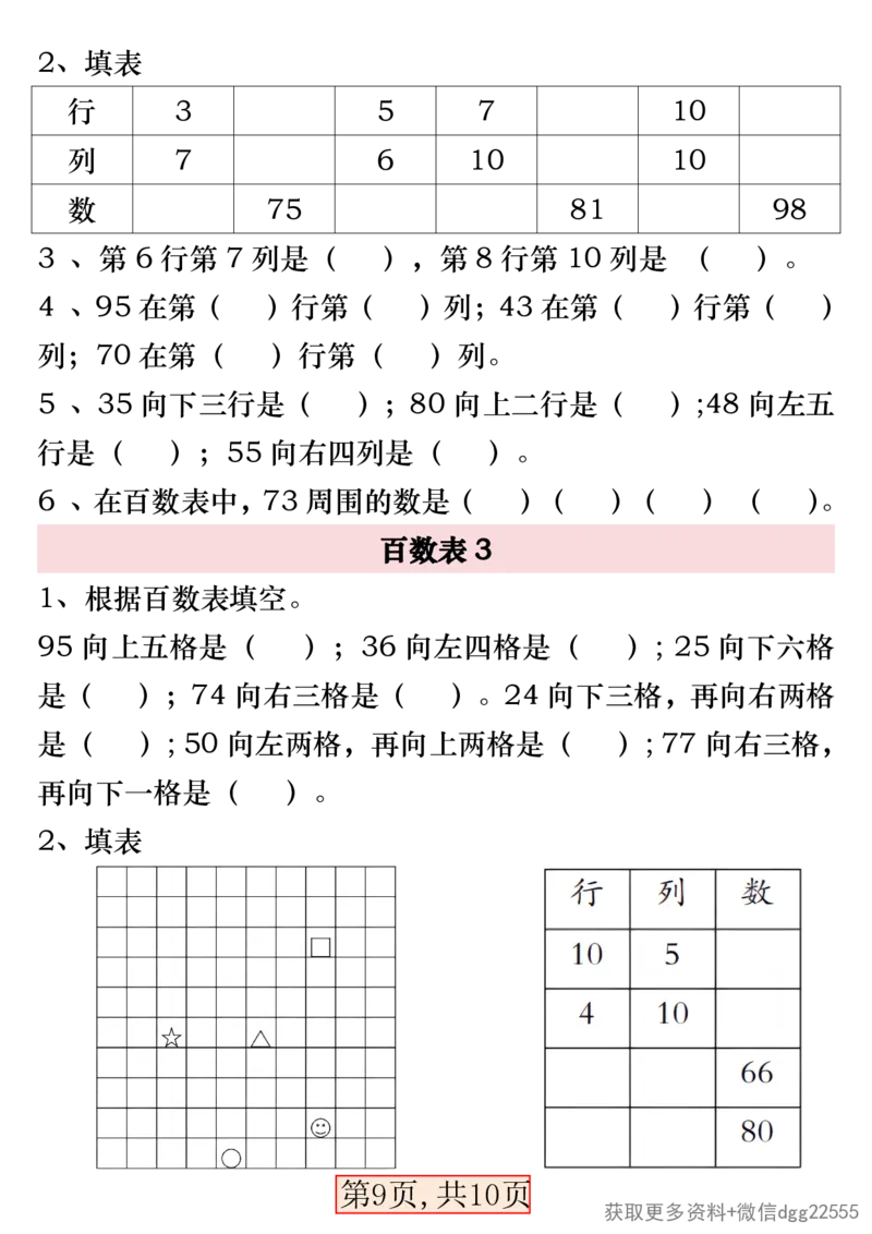 《一年级（下）数学百数表易错专项练习_赠送2026小学1-6年级资料合集(按需自取)_一年级_一年级（下）数学百数表易错专项练习》第9页预览