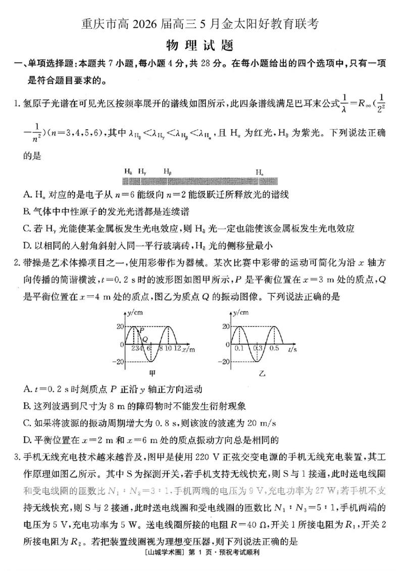 《重庆好教育联盟2026届高三下学期5月联考物理_2024-2027高三（6-6月题库）_2026年05月高三试卷_260511金太阳·重庆好教育联盟2026届高三下学期5月联考（全科）》第1页预览