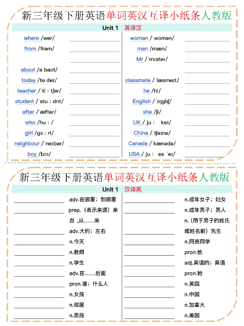 《三年级（下）英语单词英汉互译小纸条《人教版》_赠送2026小学1-6年级资料合集(按需自取)_三年级》第1页预览