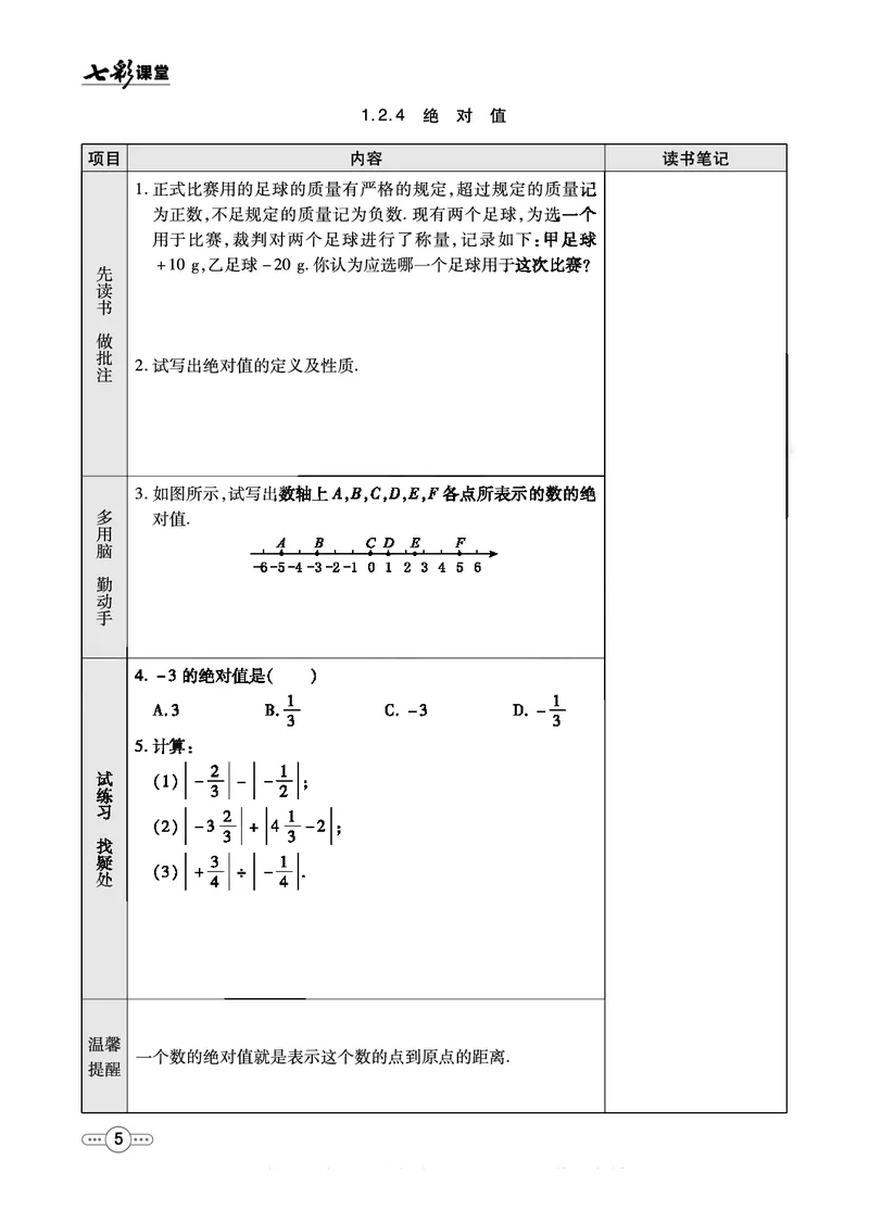 《七彩课堂七年级上册数学人教版预习卡_初中《预习卡》_初中数学_初中数学预习卡（人教版）_七彩预习卡》第6页预览