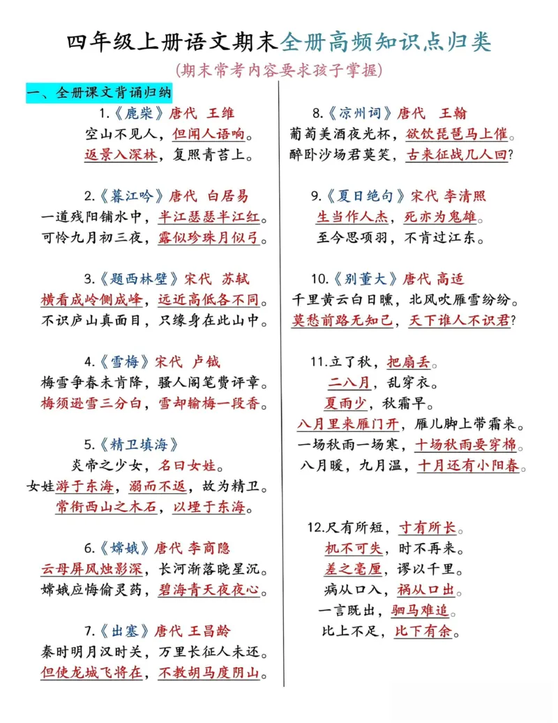 《四年级（上）语文期末全册高频考点知识点归类_赠送2026小学1-6年级资料合集(按需自取)_四年级_四年级（上）语文期末全册高频考点知识点归类》第1页预览