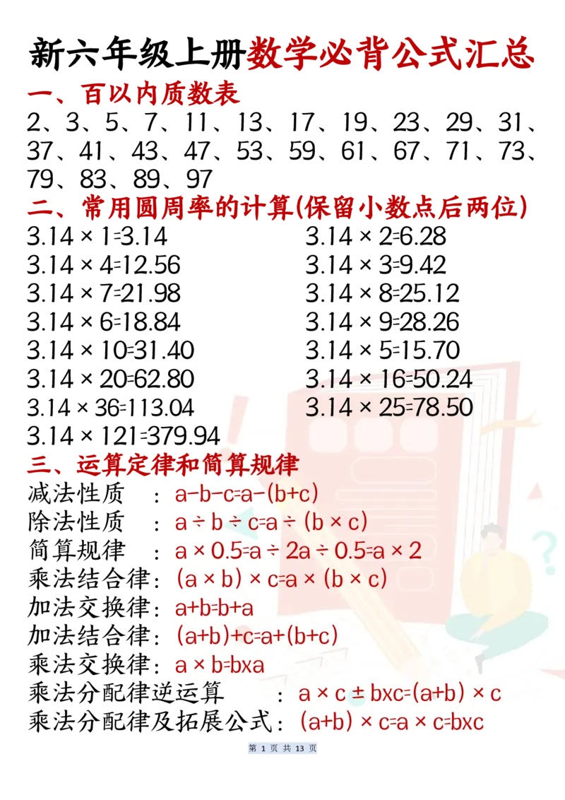 《六年级（上）数学必背公式汇总_赠送2026小学1-6年级资料合集(按需自取)_六年级_六年级（上）数学必背公式汇总》第1页预览