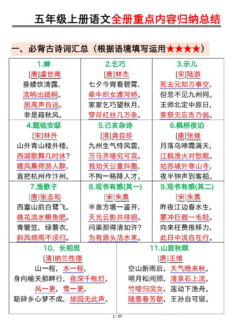 《五年级(下）语文全册重点内容归纳总结_赠送2026小学1-6年级资料合集(按需自取)_五年级_五年级(下）语文全册重点内容归纳总结》第1页预览