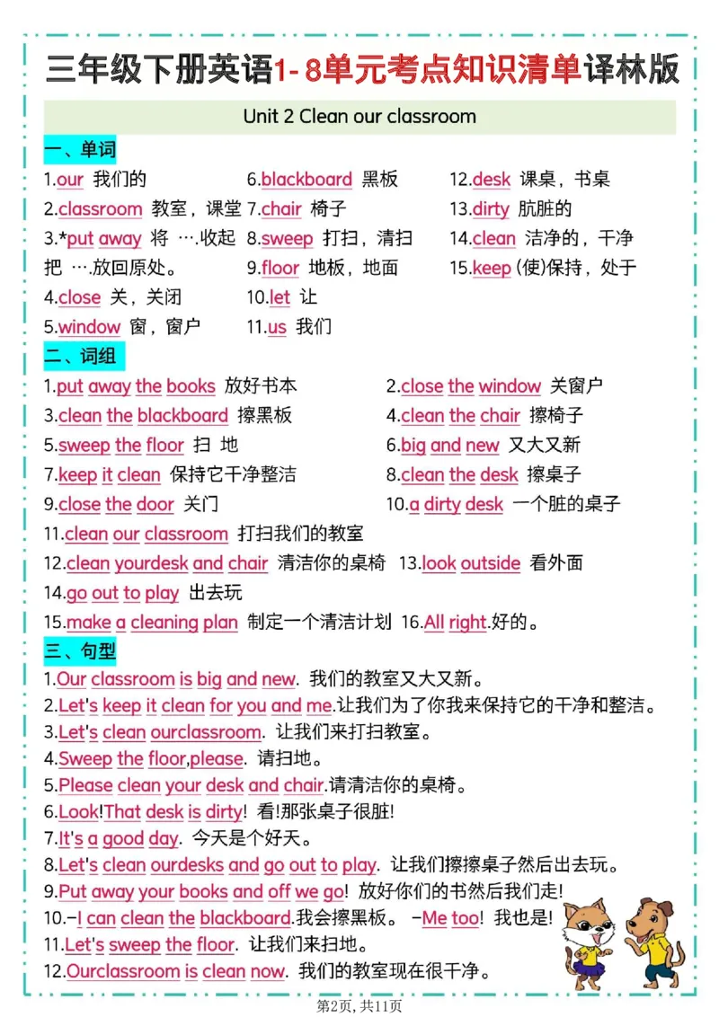 《三年级(下)英语1-8单元考点知识清单《译林版》_赠送2026小学1-6年级资料合集(按需自取)_三年级》第2页预览