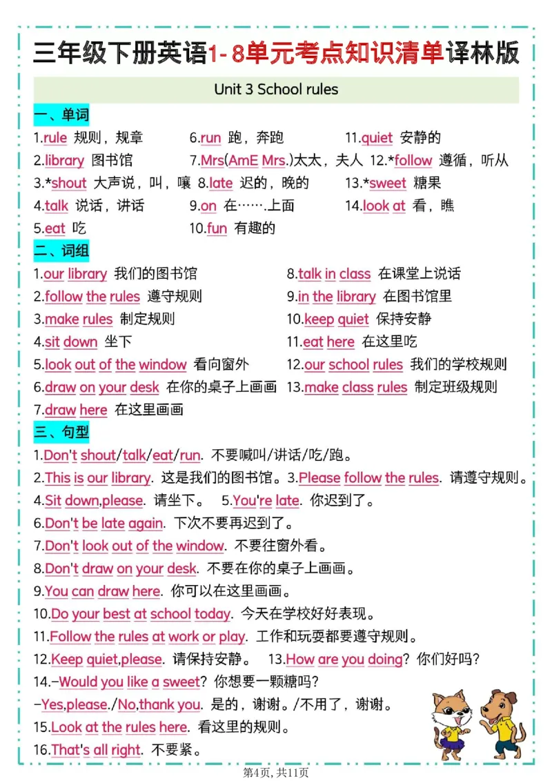 《三年级(下)英语1-8单元考点知识清单《译林版》_赠送2026小学1-6年级资料合集(按需自取)_三年级》第4页预览