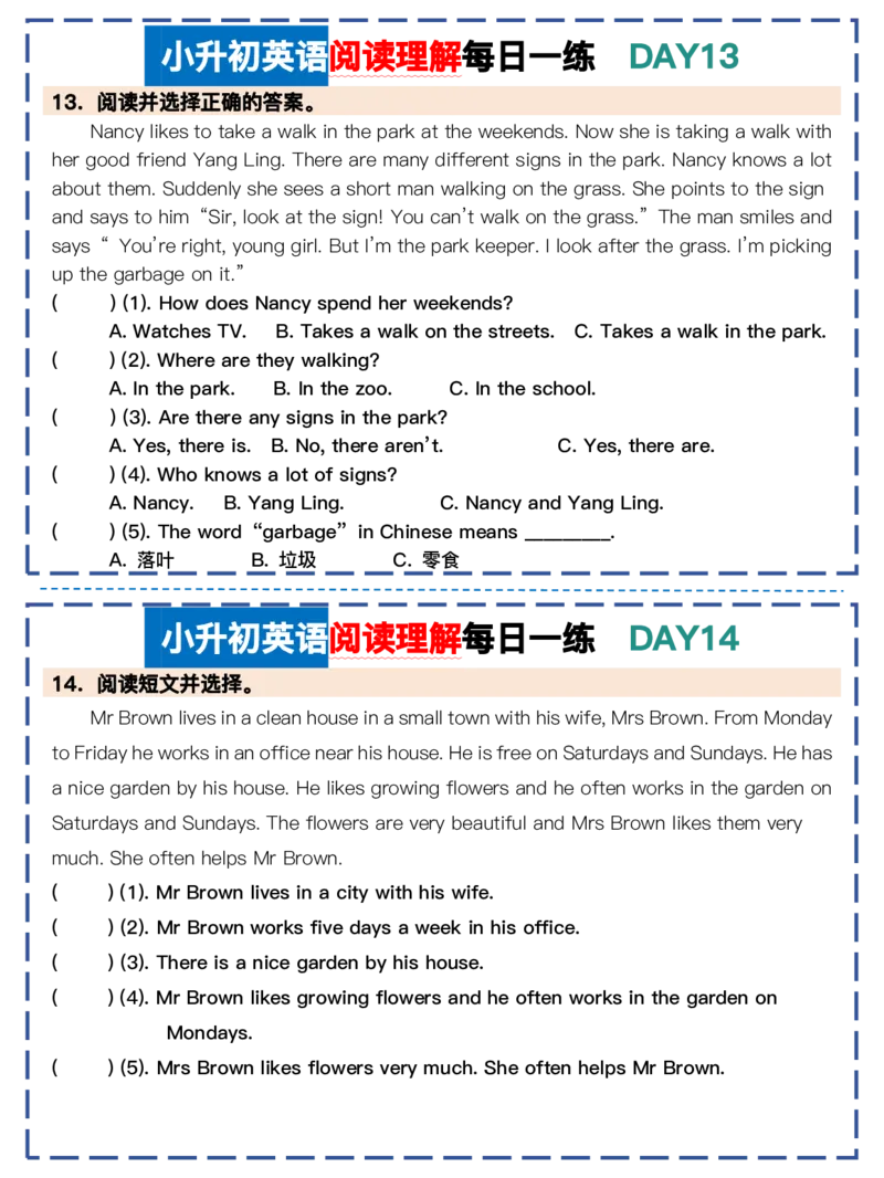 《六年级（下）英语小升初英语阅读理解每日一练《人教版PEP》_赠送2026小学1-6年级资料合集(按需自取)_六年级_六年级（下）英语小升初英语阅读理解每日一练《人教版PEP》》第7页预览