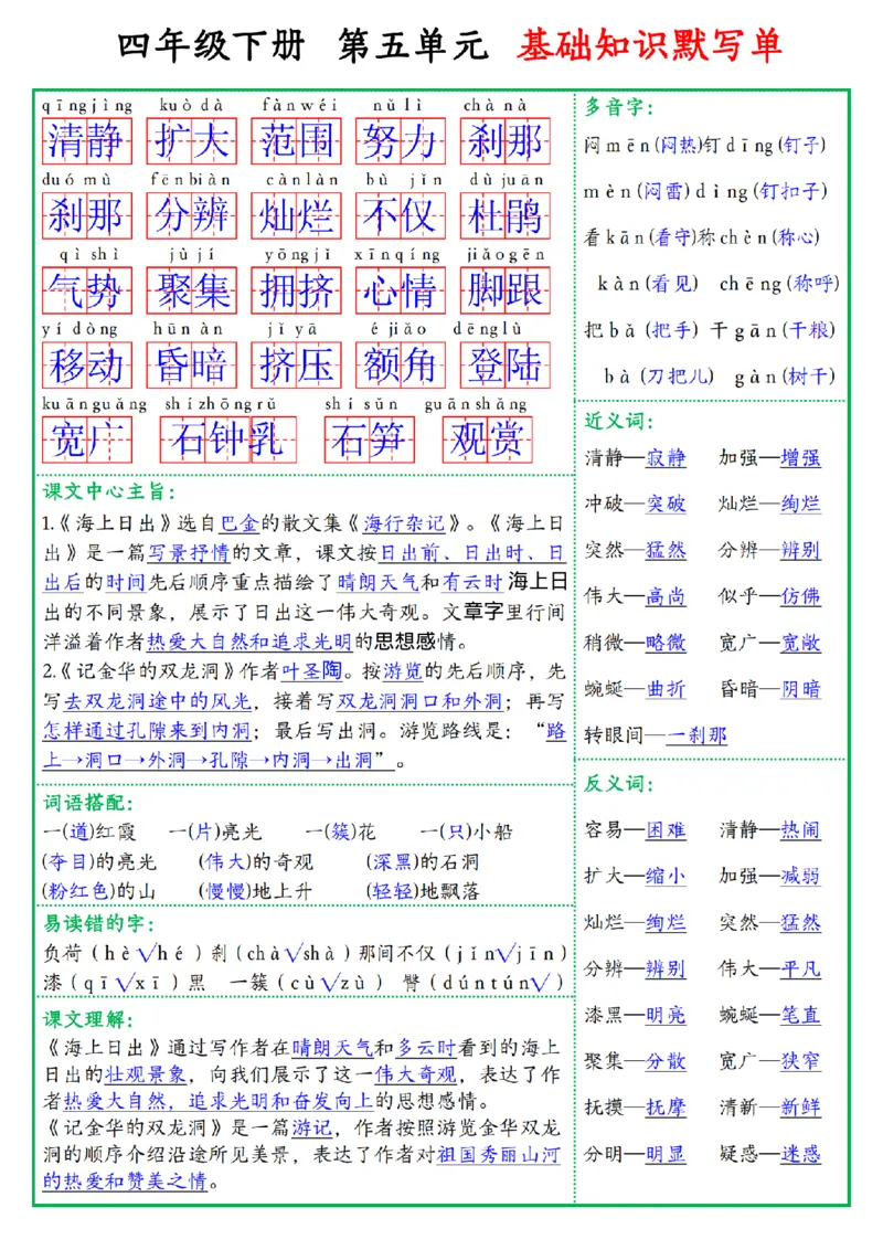 《四年级（下）语文基础知识默写单_赠送2026小学1-6年级资料合集(按需自取)_四年级》第5页预览
