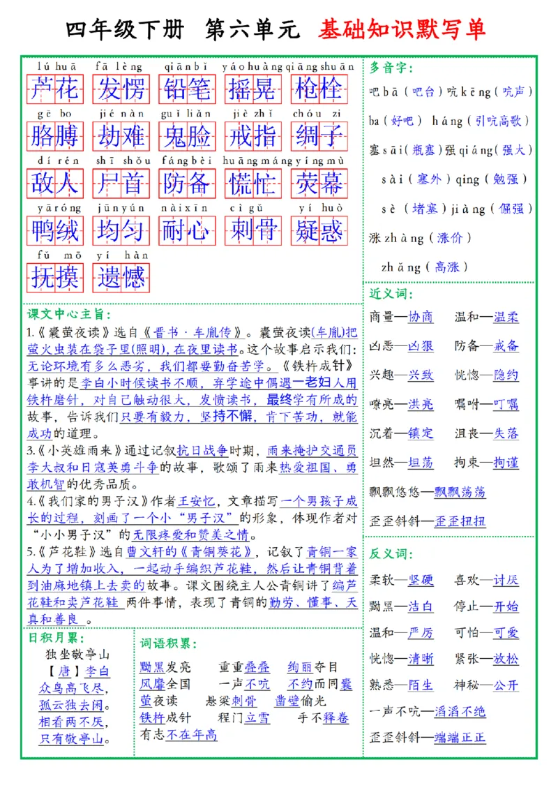 《四年级（下）语文基础知识默写单_赠送2026小学1-6年级资料合集(按需自取)_四年级》第6页预览