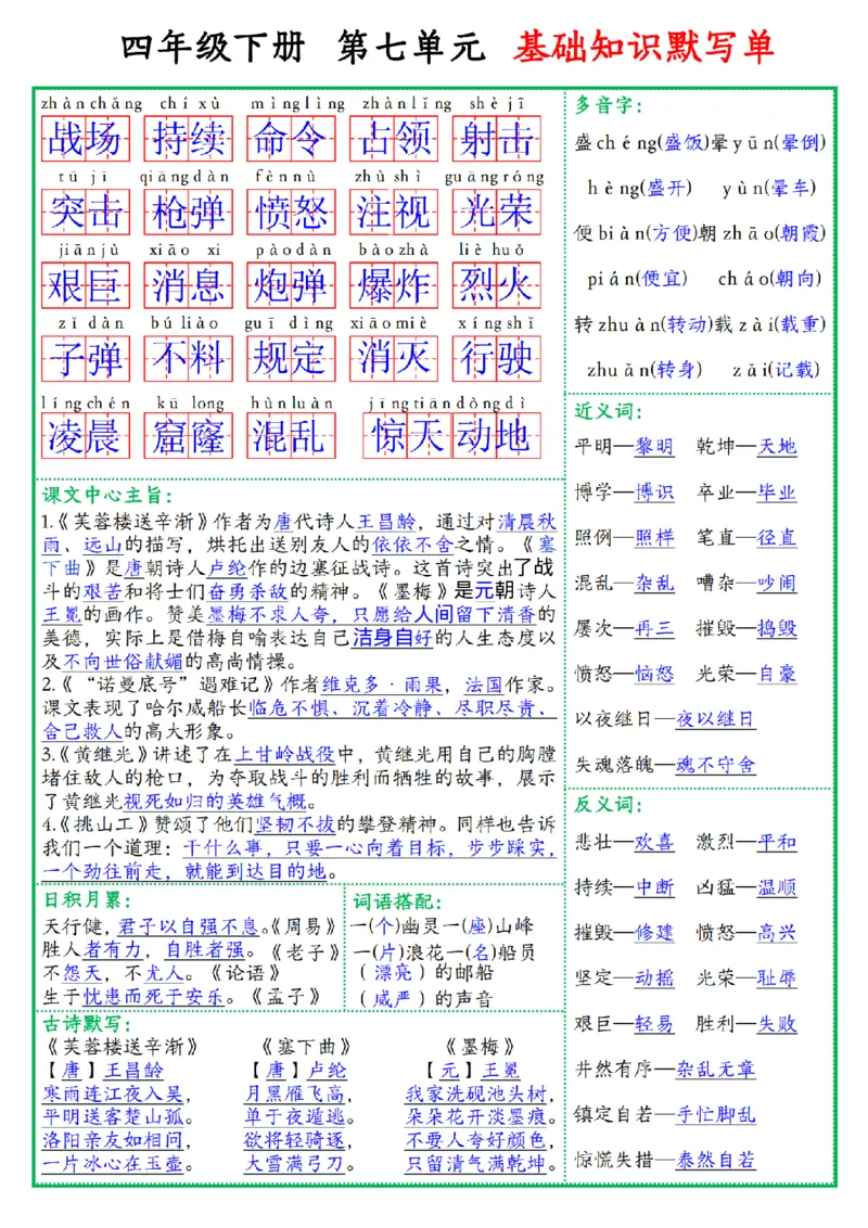 《四年级（下）语文基础知识默写单_赠送2026小学1-6年级资料合集(按需自取)_四年级》第7页预览