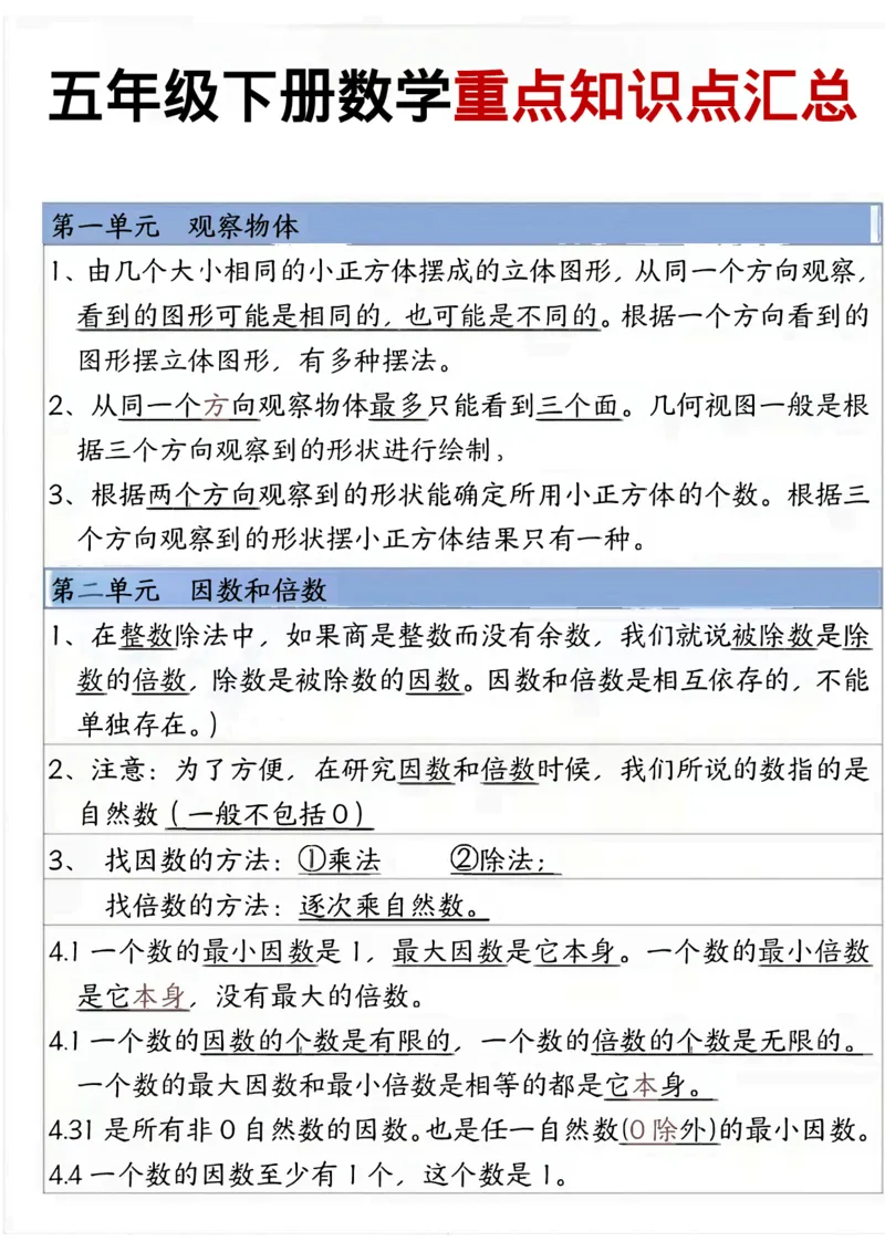 《五年级（下）数学重点知识点汇总_赠送2026小学1-6年级资料合集(按需自取)_五年级_五年级（下）数学重点知识点汇总》第1页预览