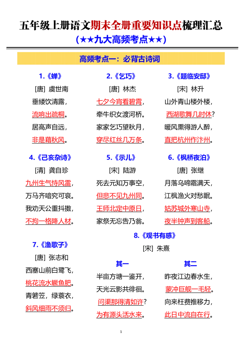 《五年级（上）语文期末全册重要知识点梳理汇总_赠送2026小学1-6年级资料合集(按需自取)_五年级_五年级（上）语文期末全册重要知识点梳理汇总》第1页预览