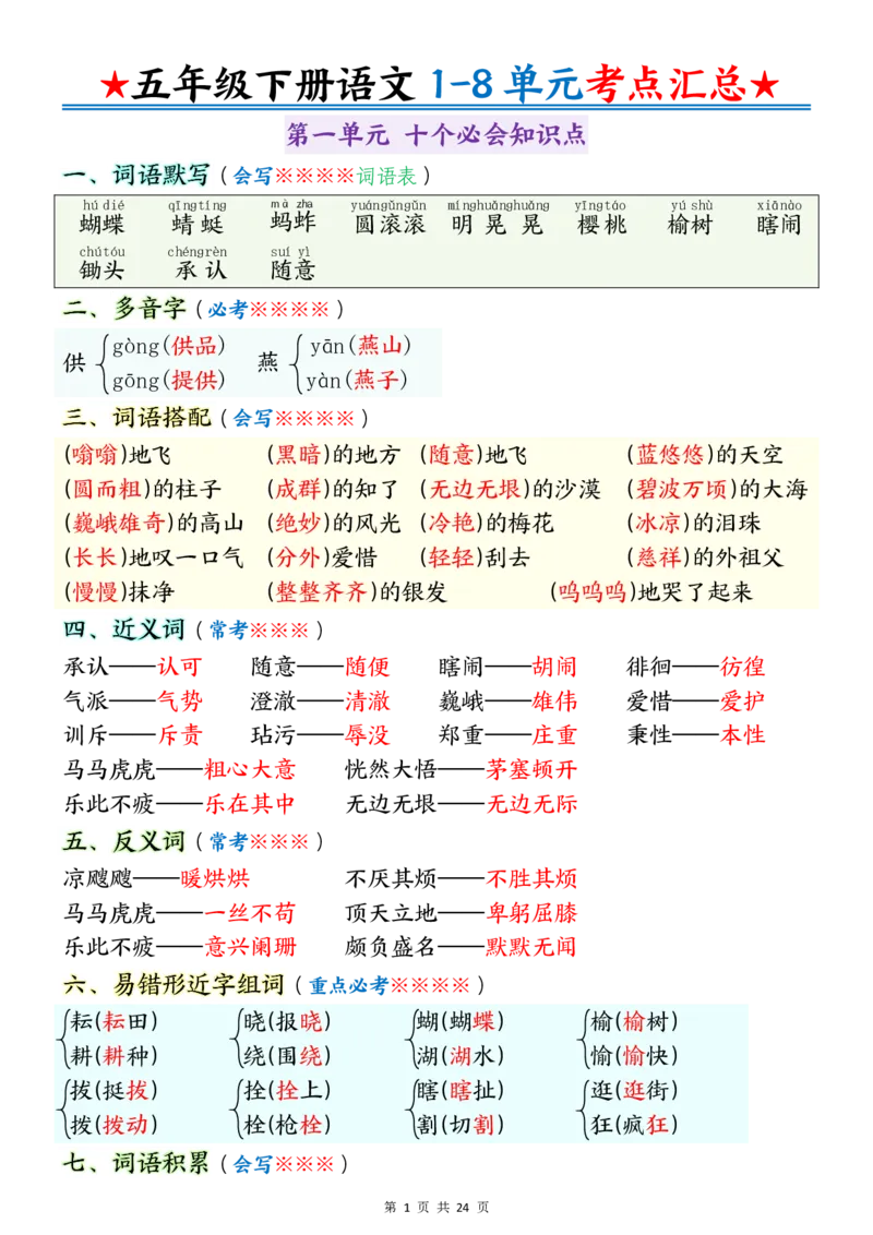 《五年级（下）语文1-8单元考点汇总_赠送2026小学1-6年级资料合集(按需自取)_五年级_五年级（下）语文1-8单元考点汇总》第1页预览
