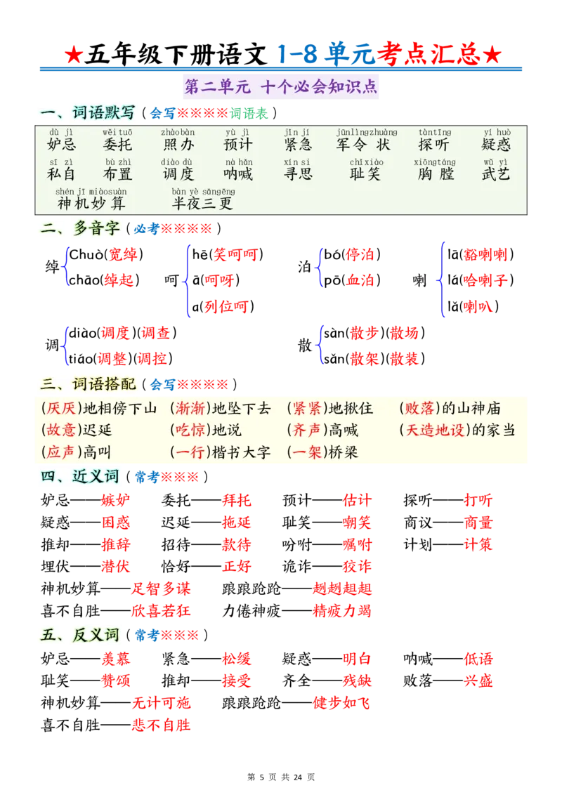 《五年级（下）语文1-8单元考点汇总_赠送2026小学1-6年级资料合集(按需自取)_五年级_五年级（下）语文1-8单元考点汇总》第5页预览