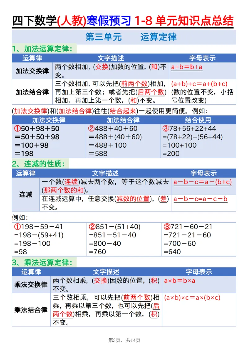 《四年级(下)数学寒假预习1-8单元知识点总结14页_赠送2026小学1-6年级资料合集(按需自取)_四年级_四年级(下)数学寒假预习1-8单元知识点总结14页》第3页预览