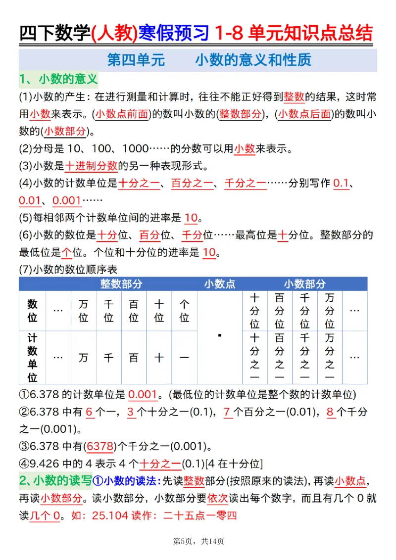 《四年级(下)数学寒假预习1-8单元知识点总结14页_赠送2026小学1-6年级资料合集(按需自取)_四年级_四年级(下)数学寒假预习1-8单元知识点总结14页》第5页预览