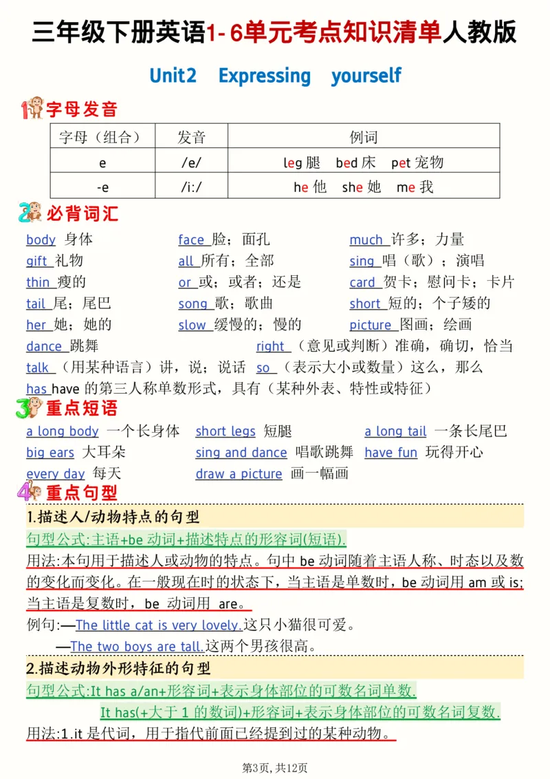 《三年级（下）英语1-6单元考点知识清单《人教版》_赠送2026小学1-6年级资料合集(按需自取)_三年级》第3页预览