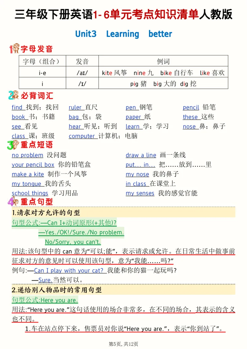 《三年级（下）英语1-6单元考点知识清单《人教版》_赠送2026小学1-6年级资料合集(按需自取)_三年级》第5页预览