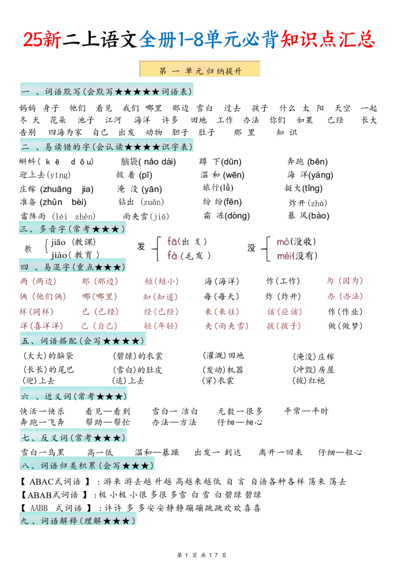 《二年级（上）语文1-8单元必背知识点汇总_赠送2026小学1-6年级资料合集(按需自取)_二年级_二年级（上）语文1-8单元必背知识点汇总》第1页预览