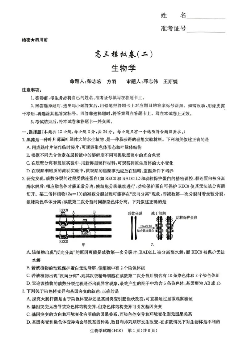 《雅礼中学2026届高三月考试卷（十）生物_2024-2027高三（6-6月题库）_2026年05月高三试卷_260524湖南市雅礼中学2026届高三下学期高考模拟（二）（月考十）（全科）》第1页预览